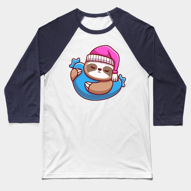 Cute Sloth Sleeping With Pillow Cartoon Baseball T-Shirt by Catalyst Labs
